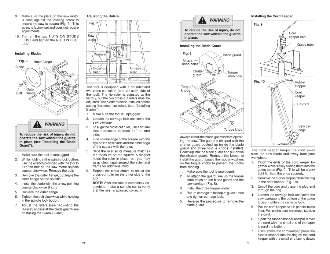 Milwaukee 6480-20 manual Installing Blades, Adjusting the Rulers, Installing the Cord Keeper 