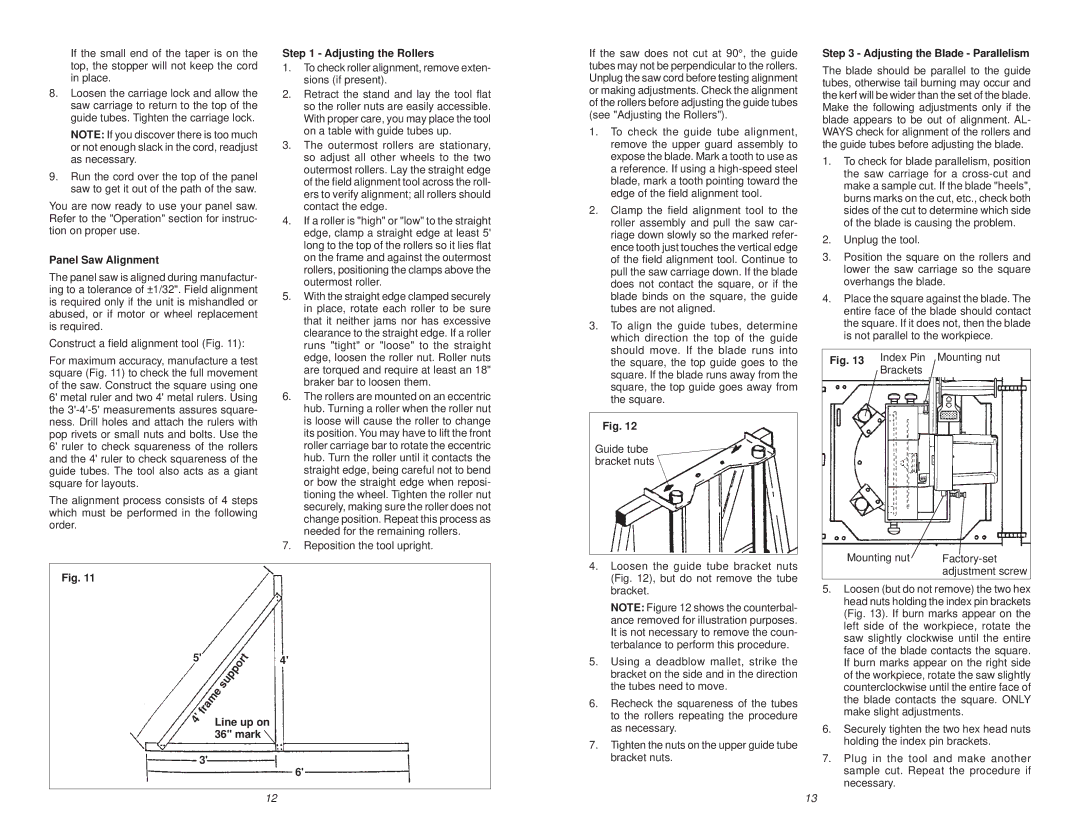 Milwaukee 6480-20 manual Panel Saw Alignment, Adjusting the Rollers, Adjusting the Blade Parallelism, Line up on 36 mark 