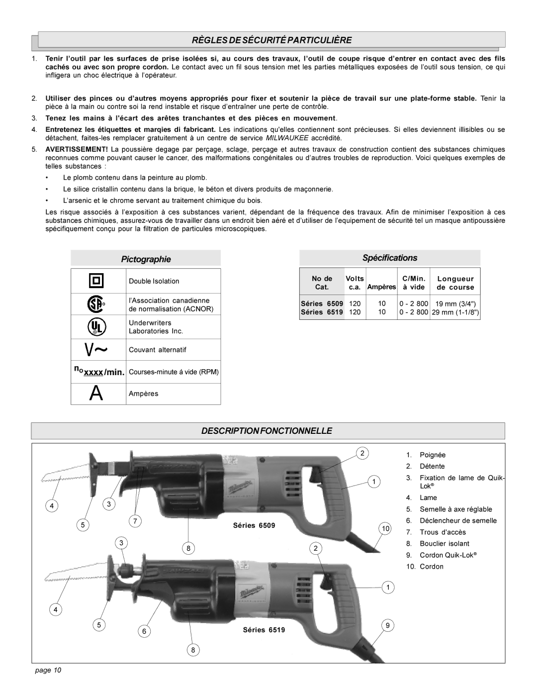 Milwaukee 6509, 6519 Series manual Règles DE Sécurité Particulière, Descriptionfonctionnelle, No de Volts 