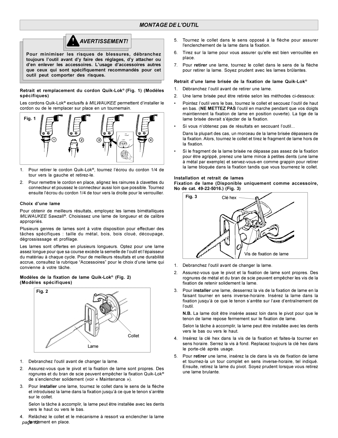 Milwaukee 6509, 6519 Series manual Montage DE Loutil Avertissement, Choix d’une lame 