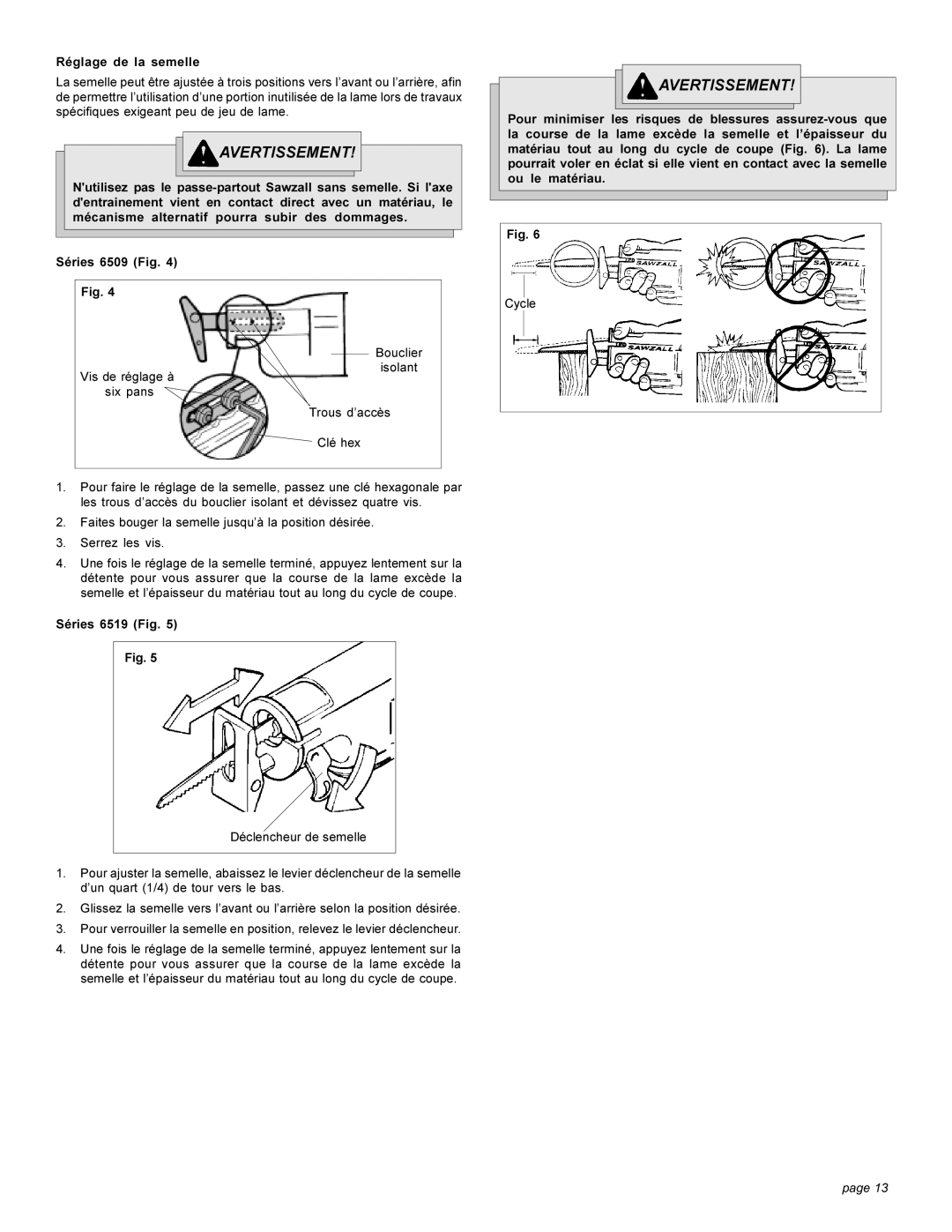 Milwaukee 6519 Series manual Réglage de la semelle, Séries 6509 Fig, Séries 6519 Fig 