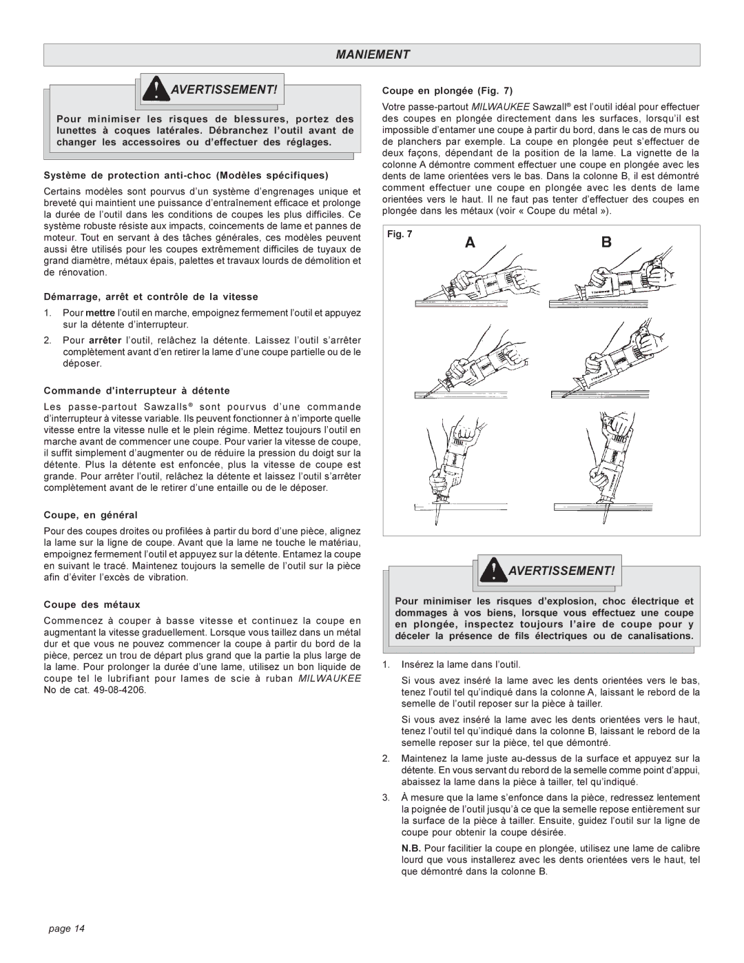 Milwaukee 6509, 6519 Series manual Maniement Avertissement 