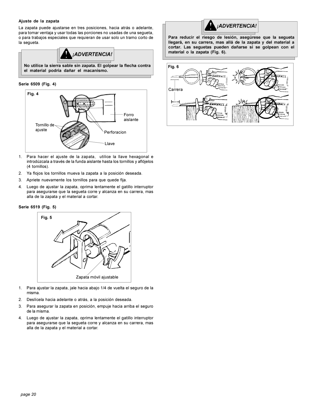 Milwaukee 6509, 6519 Series manual Ajuste de la zapata, Serie 6519 Fig 