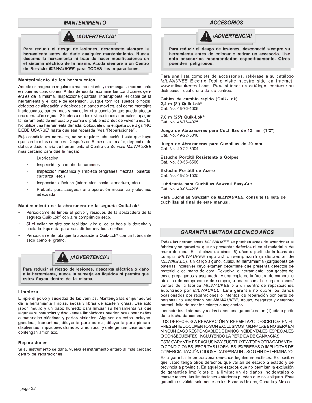 Milwaukee 6509, 6519 Series manual Mantenimiento ¡ADVERTENCIA, Accesorios ¡ADVERTENCIA, Garantía Limitada DE Cinco Años 