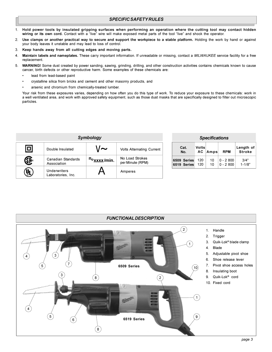 Milwaukee 6519 Series, 6509 Specific Safety Rules, Functionaldescription, Cat Volts Length Amps, Stroke, Series 120 6519 