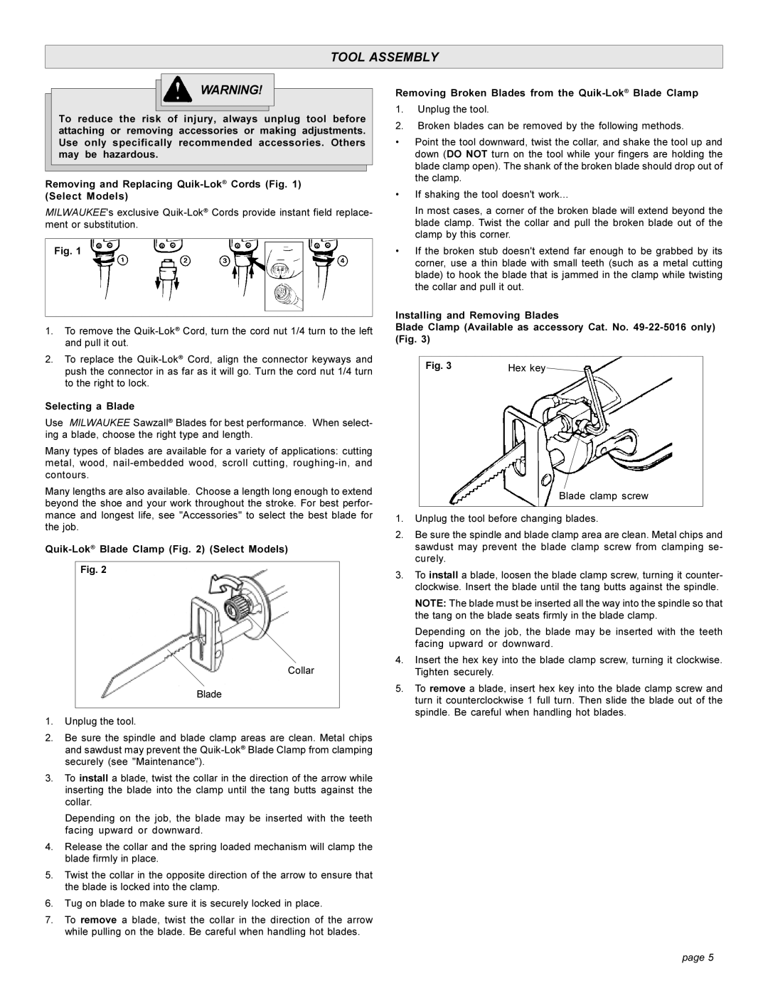 Milwaukee 6519 Series, 6509 manual Tool Assembly, Removing Broken Blades from the Quik-LokBlade Clamp, Selecting a Blade 