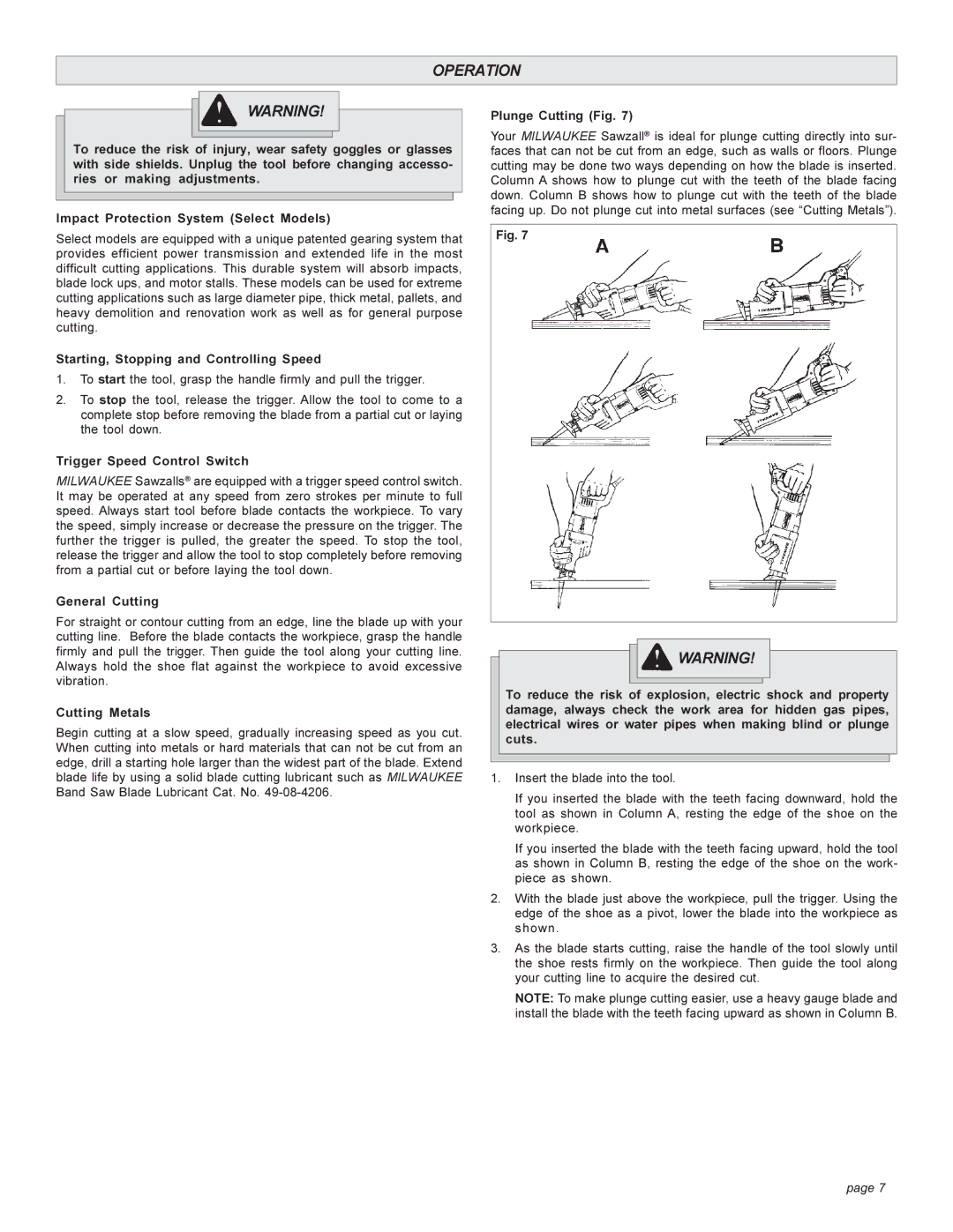 Milwaukee 6519 Series Operation, Starting, Stopping and Controlling Speed, Trigger Speed Control Switch, General Cutting 