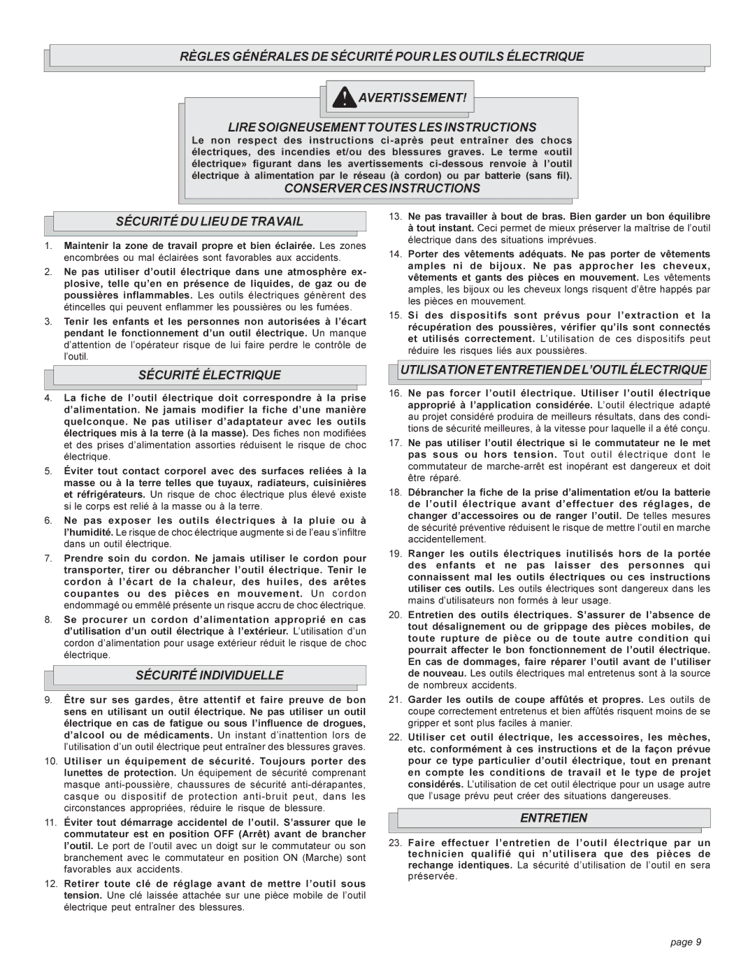 Milwaukee 6519 Series Conserver CES Instructions Sécurité DU Lieu DE Travail, Sécurité Électrique, Sécurité Individuelle 