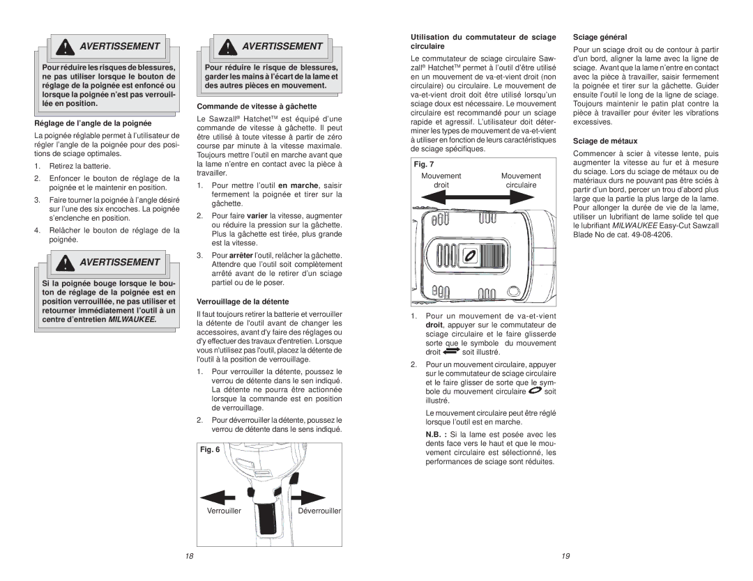 Milwaukee 6514 Series manual Réglage de l’angle de la poignée, Commande de vitesse à gâchette, Verrouillage de la détente 