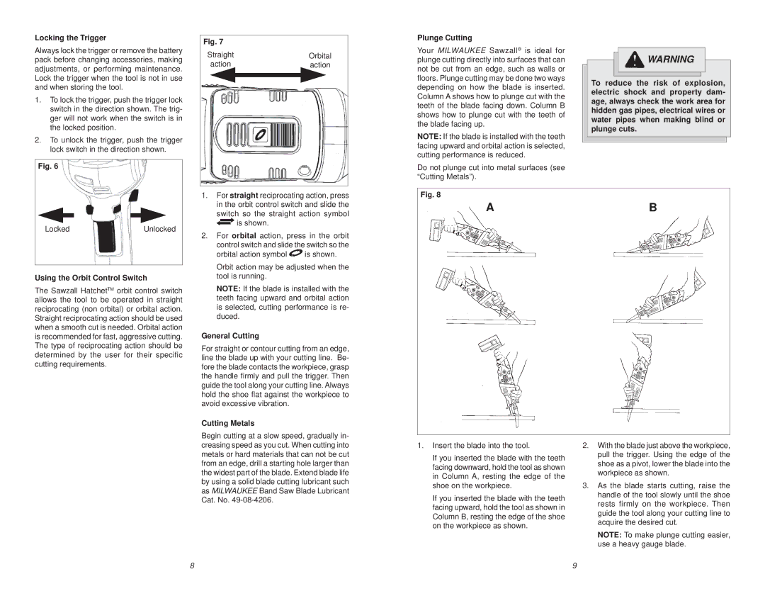 Milwaukee 6514 Series Locking the Trigger, Plunge Cutting, Using the Orbit Control Switch, General Cutting, Cutting Metals 