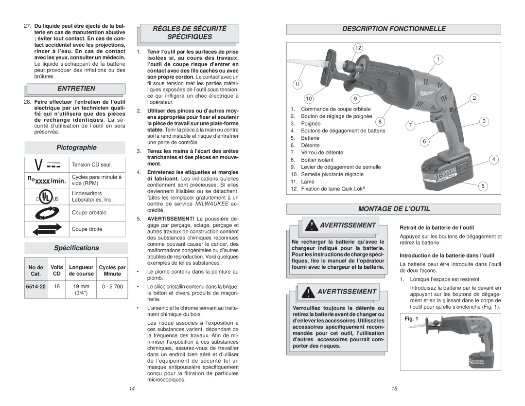 Milwaukee 6514 Series manual Entretien, Règles DE Sécurité Spécifiques, Description Fonctionnelle, Montage DE Loutil 