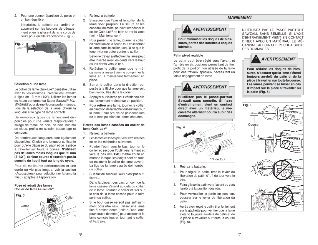 Milwaukee 6514 Series manual Maniement, Sélection d’une lame, Pose et retrait des lames Collier de lame Quik-Lok 