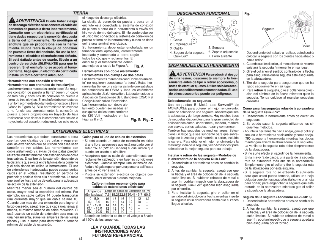 Milwaukee 6519-30, 6509-31 manual Tierra Descripcion Funcional, Ensamblaje DE LA Herramienta, Extensiones Electricas 