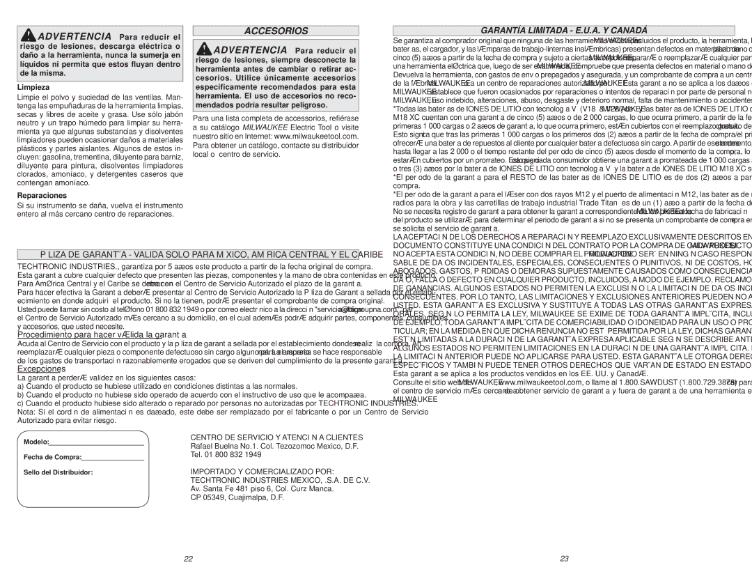 Milwaukee 6519-30, 6509-31 manual Accesorios, Garantía Limitada E.U.A. Y Canadá, Reparaciones 