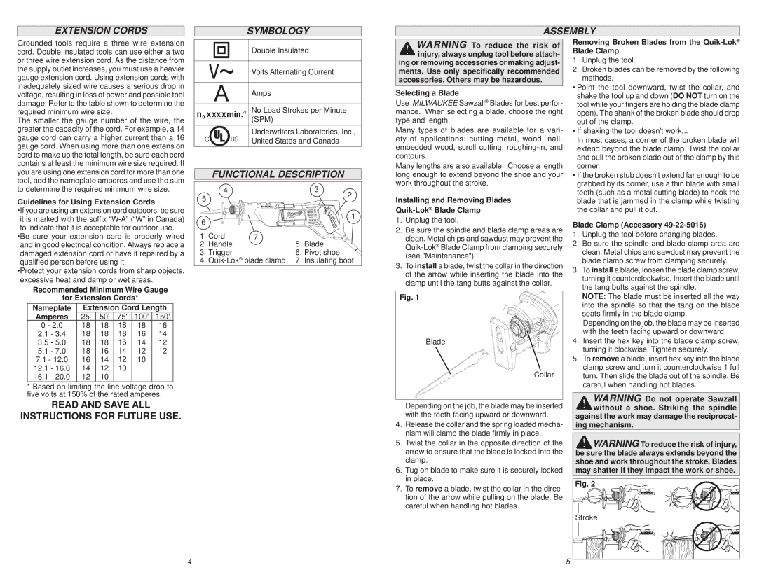 Milwaukee 6509-31, 6519-30 manual Extension Cords Symbology Assembly, Functional Description 