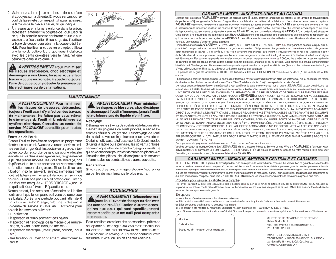 Milwaukee 6519-30, 6509-31 manual Accesoires, Garantie Limitée AUX ÉTATS-UNIS ET AU Canada 