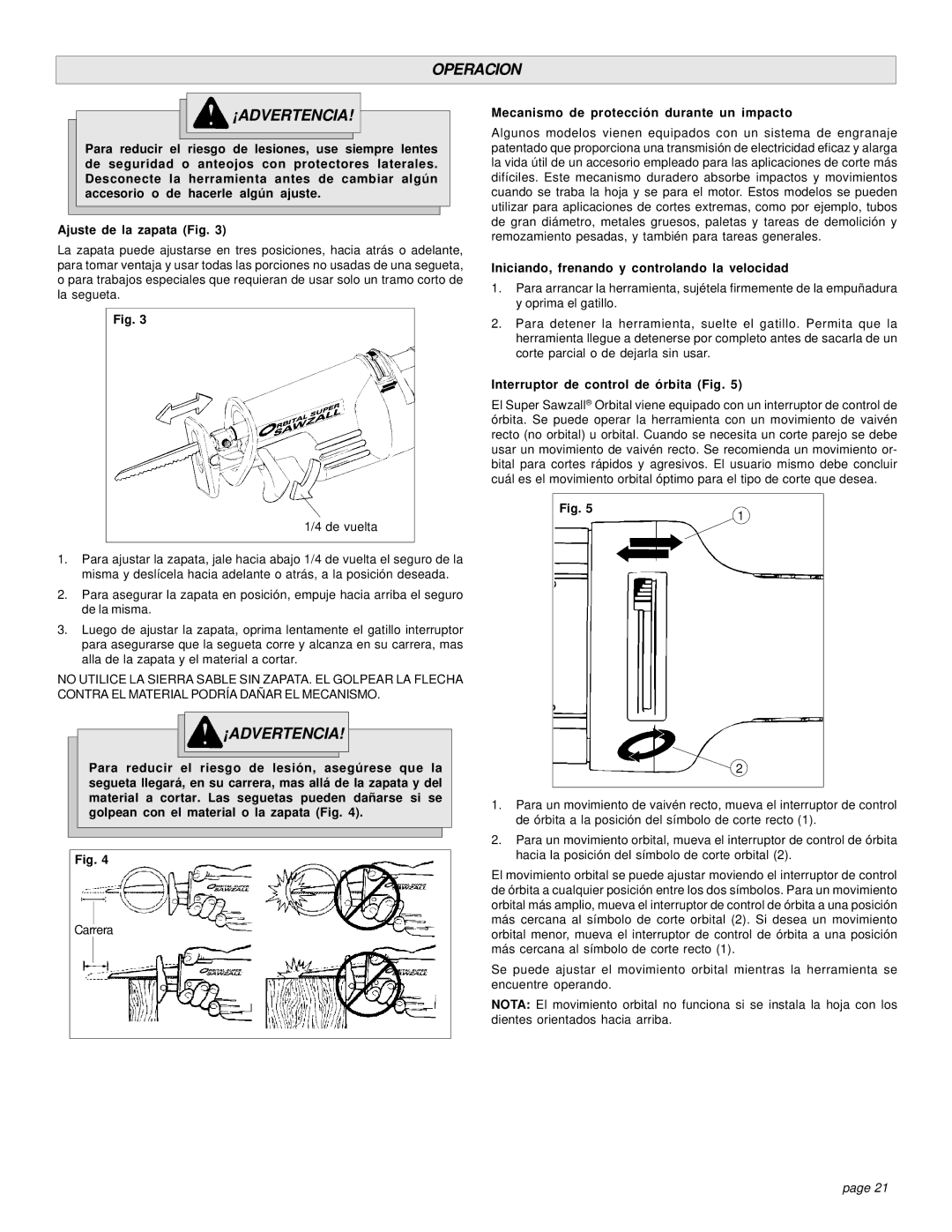 Milwaukee 6521 Series manual Operacion ¡ADVERTENCIA, Mecanismo de protección durante un impacto 