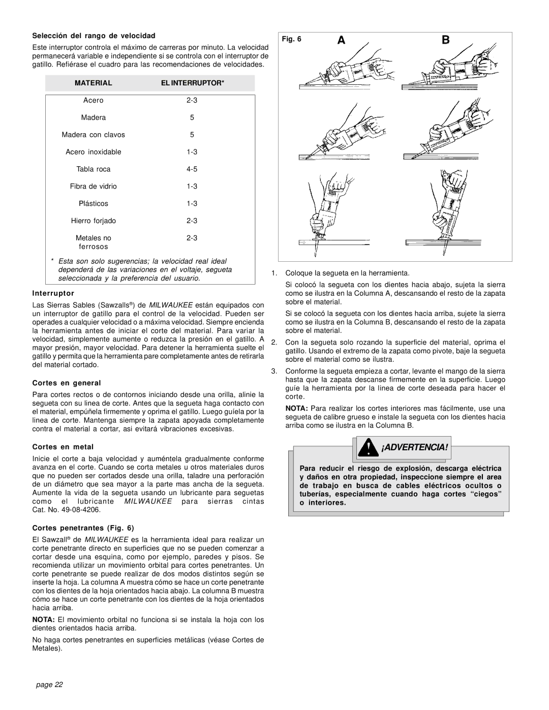 Milwaukee 6521 Series manual Selección del rango de velocidad, Interruptor, Cortes en general, Cortes en metal 