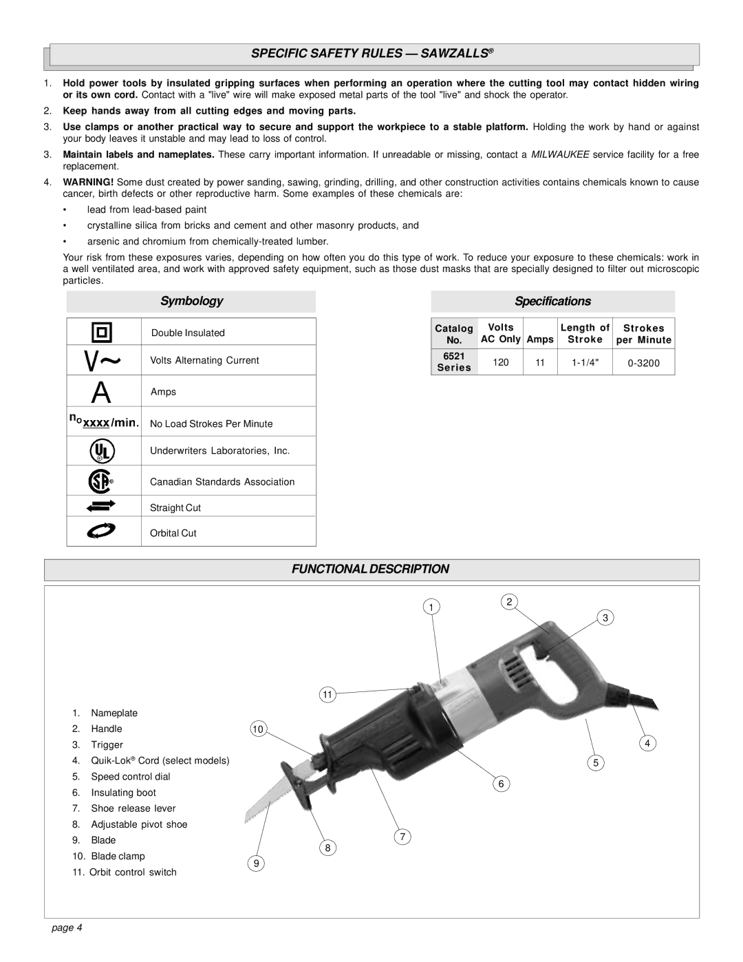 Milwaukee 6521 Series manual Specific Safety Rules Sawzalls, Functional Description, Catalog Volts Length Strokes AC Only 