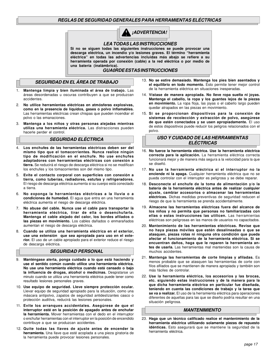 Milwaukee 6524-21 GUA0RDE Estas Instrucciones Seguridad EN EL Área DE Trabajo, Seguridad Eléctrica, Seguridad Personal 