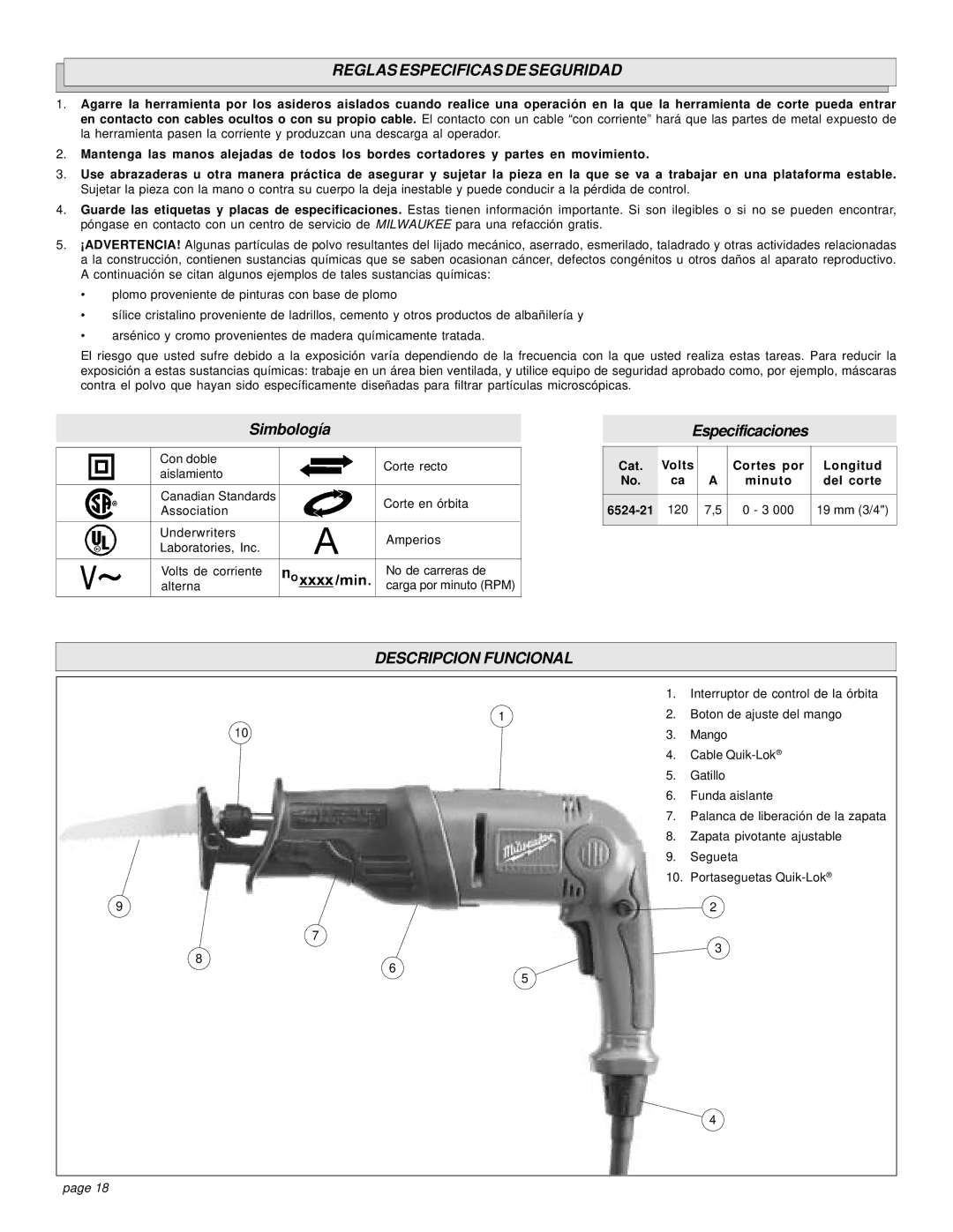 Milwaukee 6524-21 manual Reglas Especificas DE Seguridad, Descripcion Funcional 