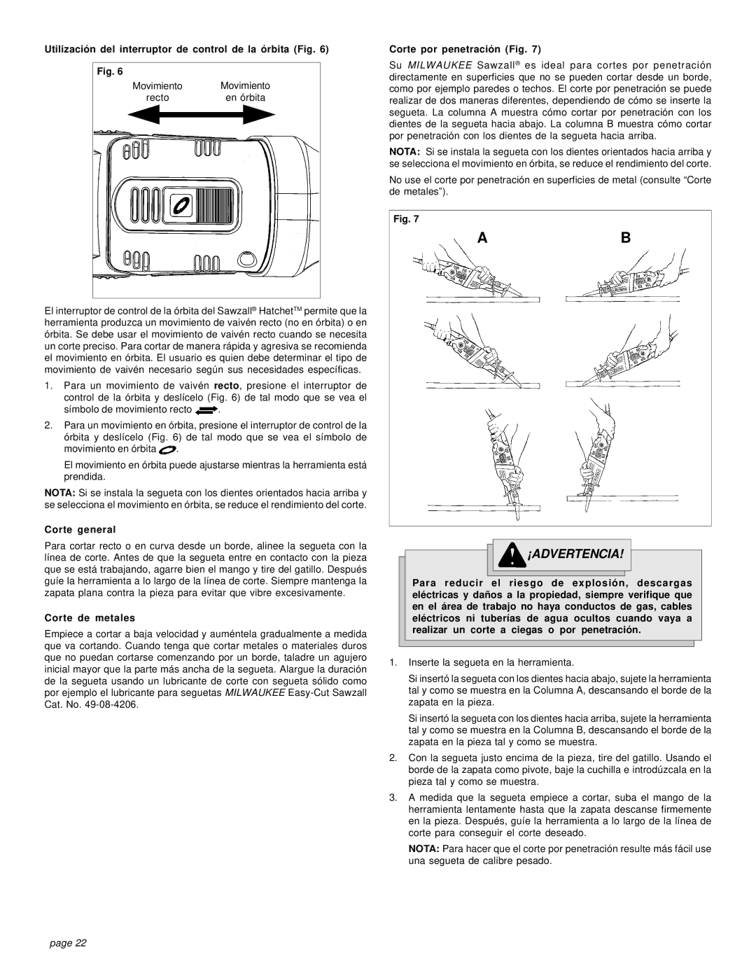 Milwaukee 6524-21 manual Utilización del interruptor de control de la órbita Fig, Corte general, Corte de metales 