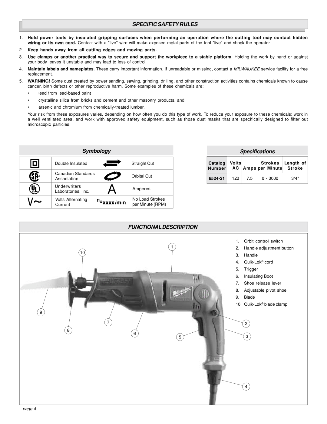 Milwaukee 6524-21 manual Specific Safety Rules, Functional Description 