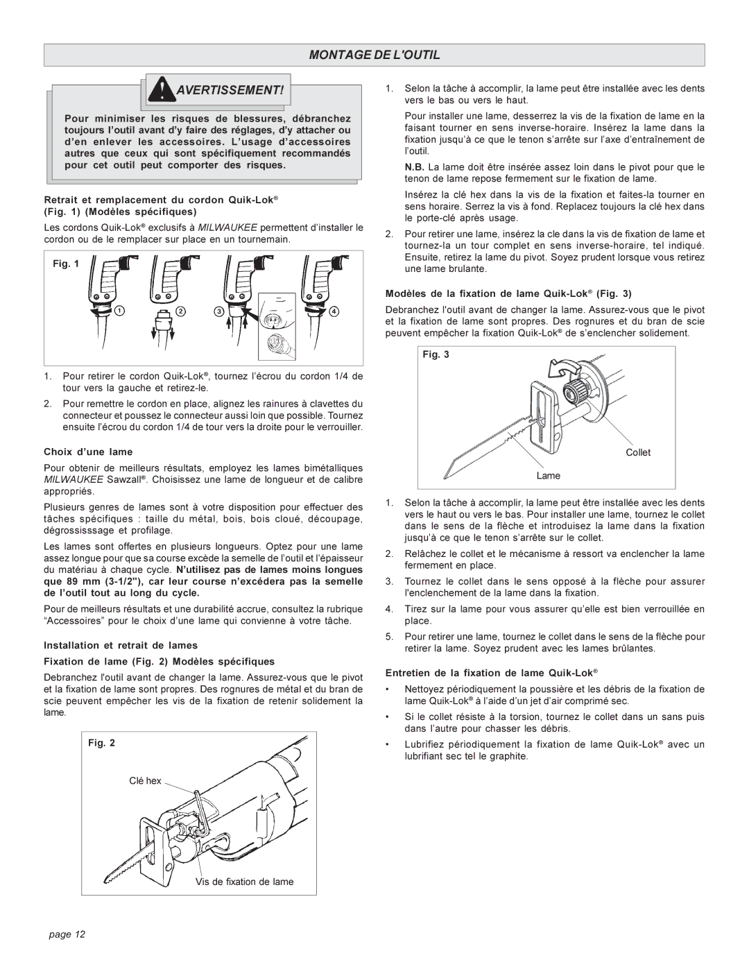 Milwaukee 6527 manual Montage DE Loutil Avertissement, Choix d’une lame, Modèles de la fixation de lame Quik-LokFig 