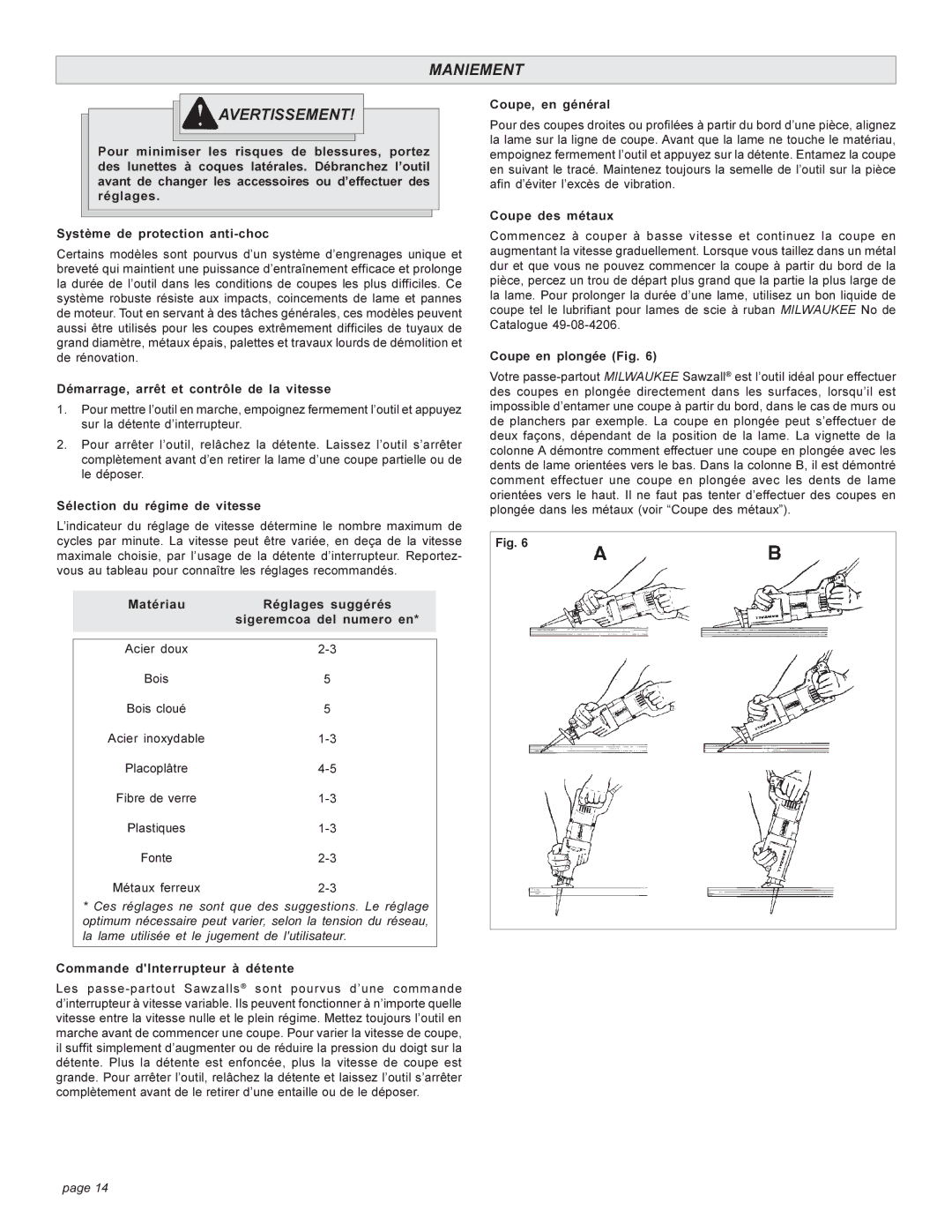Milwaukee 6527 manual Maniement Avertissement 