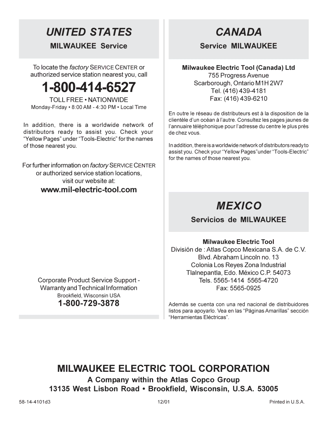 Milwaukee 6527 manual United States 