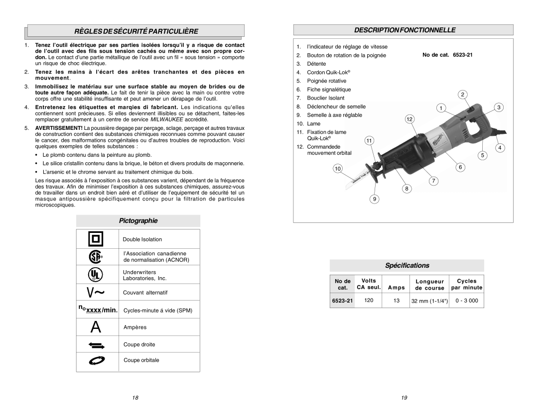 Milwaukee 6536-21, 6523-21 manual Règles DE Sécurité Particulière, Pictographie, Descriptionfonctionnelle, Spécifications 