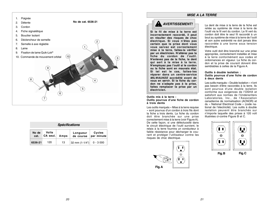 Milwaukee 6523-21, 6536-21 manual Mise a LA Terre, Fig. B 