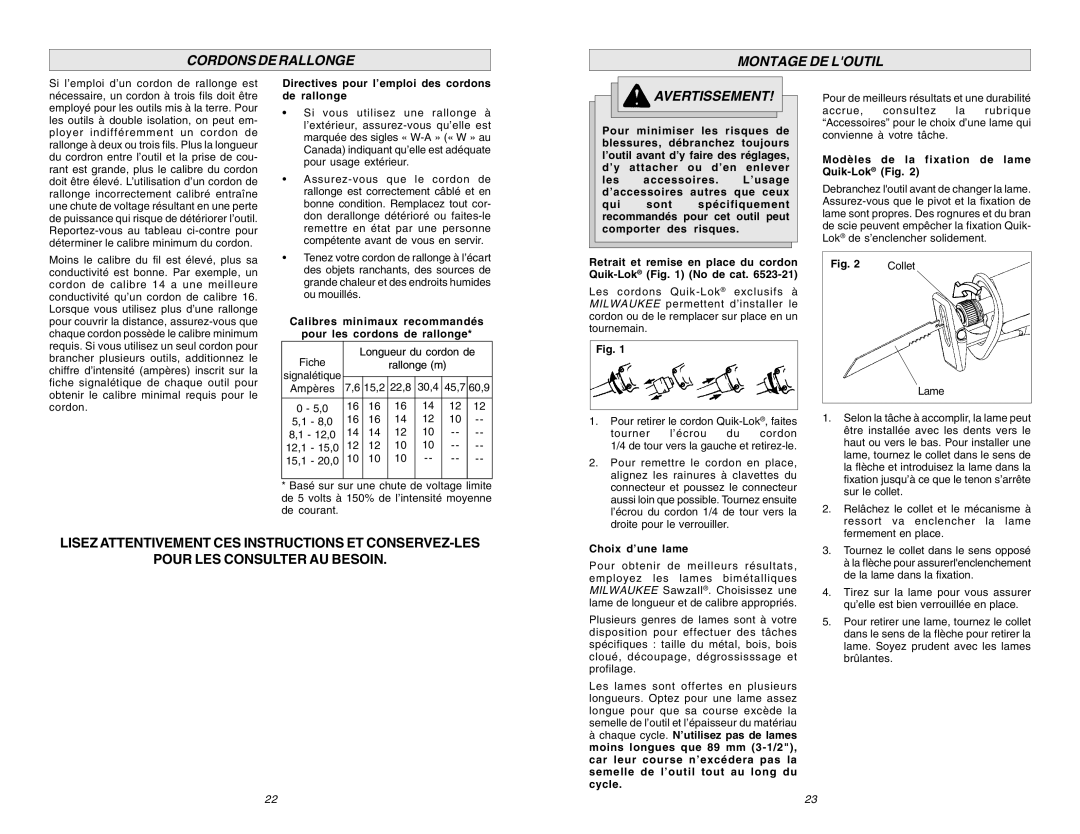 Milwaukee 6536-21, 6523-21 manual Cordons DE Rallonge Montage DE Loutil 