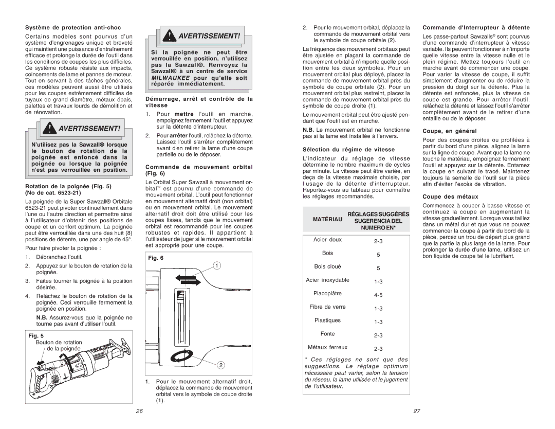 Milwaukee 6536-21 manual Système de protection anti-choc, Commande de mouvement orbital Fig, Sélection du régime de vitesse 