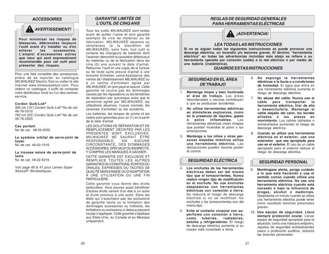 Milwaukee 6536-21, 6523-21 Accessoires Avertissement, Garantie Limitée DE ’OUTIL DE Cinq ANS, GUA0RDE Estas Instrucciones 