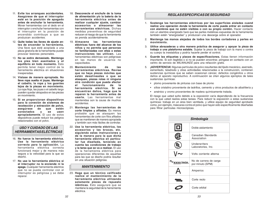 Milwaukee 6523-21 USO Y Cuidado DE LAS Herramientaseléctricas, Mantenimiento, Reglas Especificas DE Seguridad, Simbología 