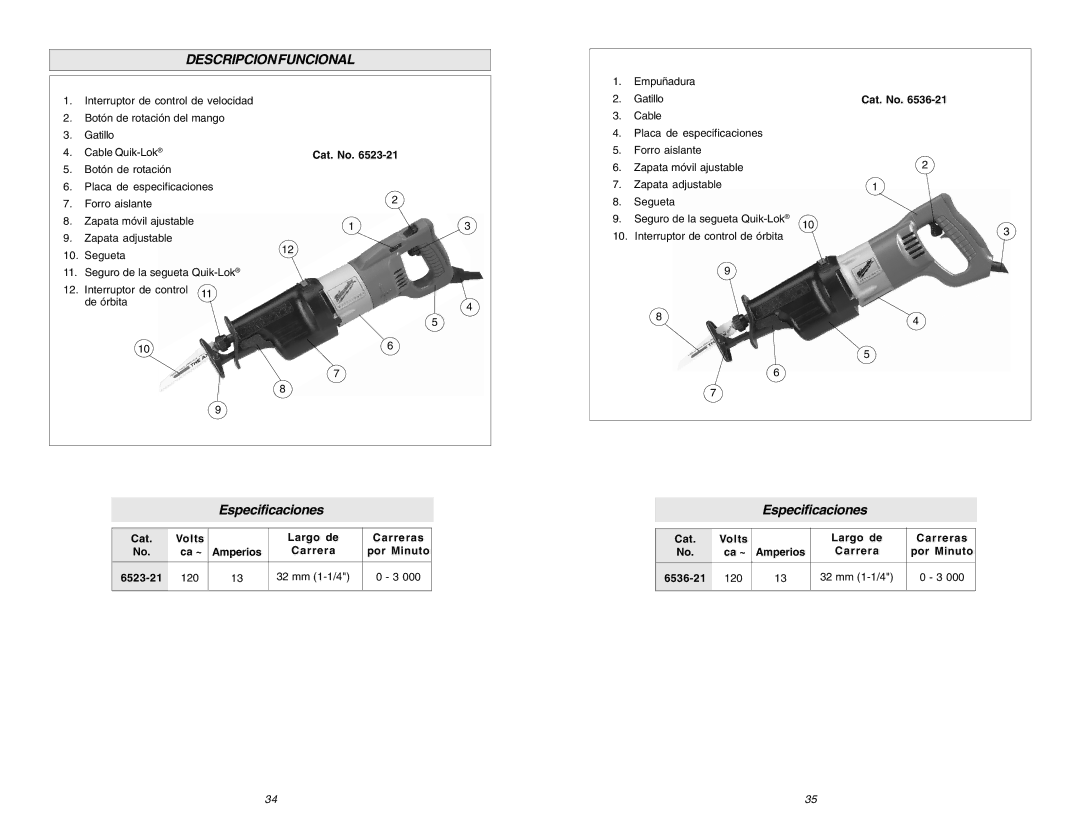 Milwaukee 6536-21, 6523-21 manual Descripcionfuncional, Especificaciones 