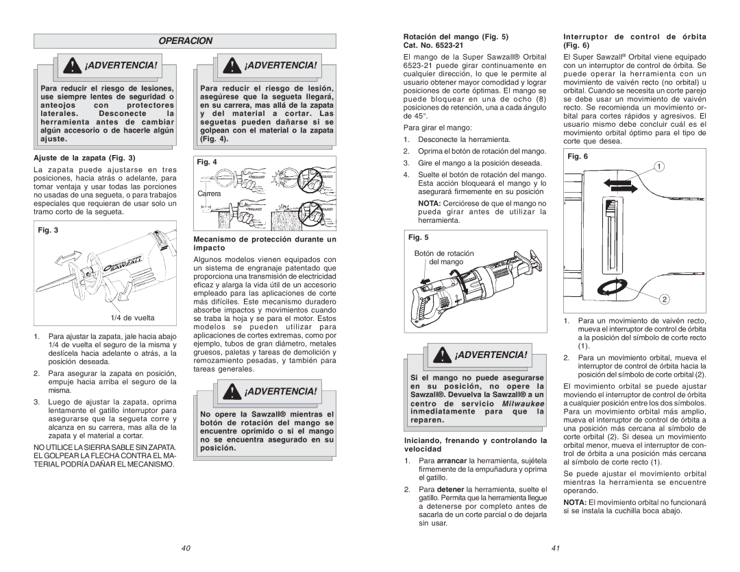 Milwaukee 6523-21, 6536-21 manual Operacion, Mecanismo de protección durante un impacto 