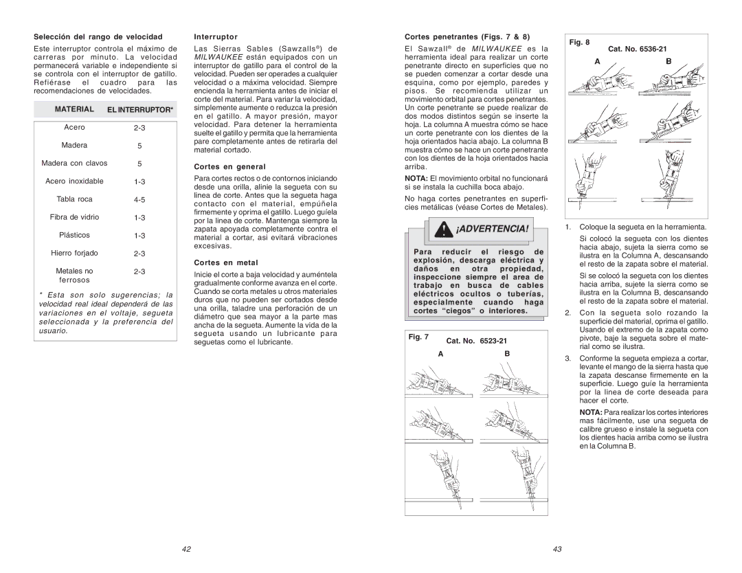 Milwaukee 6536-21, 6523-21 manual Selección del rango de velocidad, Interruptor, Cortes en general, Cortes en metal 