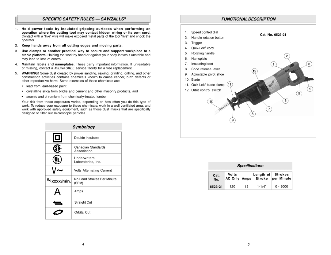 Milwaukee 6523-21, 6536-21 manual Specific Safety Rules Sawzalls, Symbology, Functionaldescription, Specifications 