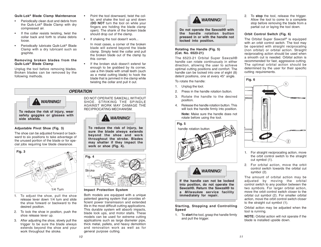 Milwaukee 6536-21, 6523-21 manual Operation 