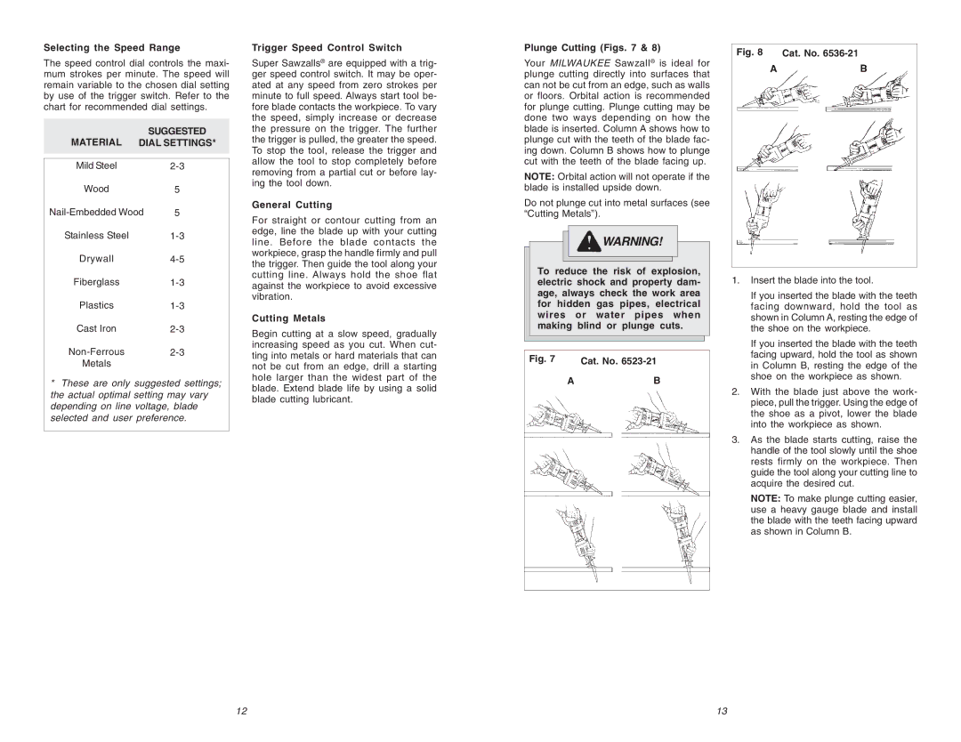 Milwaukee 6523-21, 6536-21 manual Selecting the Speed Range, Trigger Speed Control Switch, General Cutting, Cutting Metals 