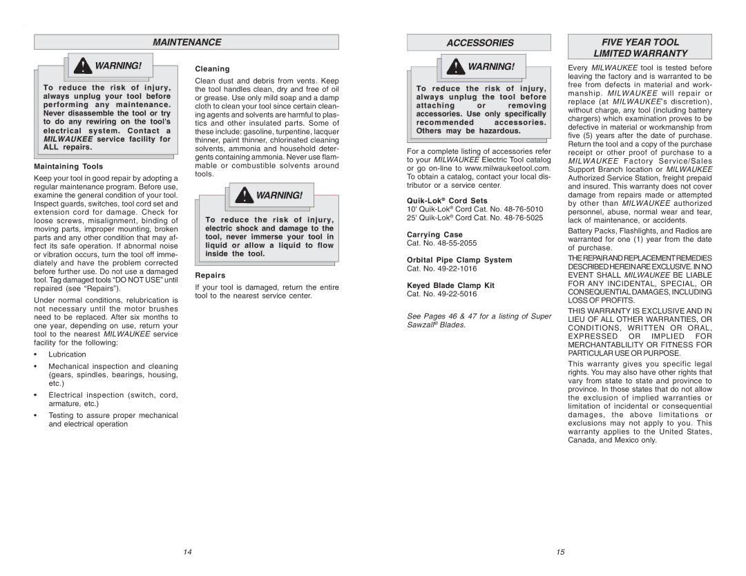 Milwaukee 6536-21 Maintenance Accessories Five Year Tool Limited Warranty, Cleaning, Carrying Case, Keyed Blade Clamp Kit 