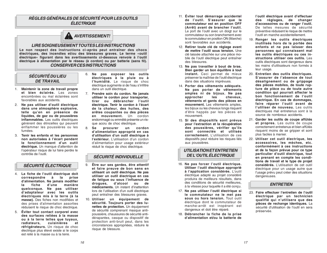 Milwaukee 6523-21 Conserver CES Instructions, Sécurité DU Lieu DE Travail, Sécurité Électrique, Sécurité Individuelle 