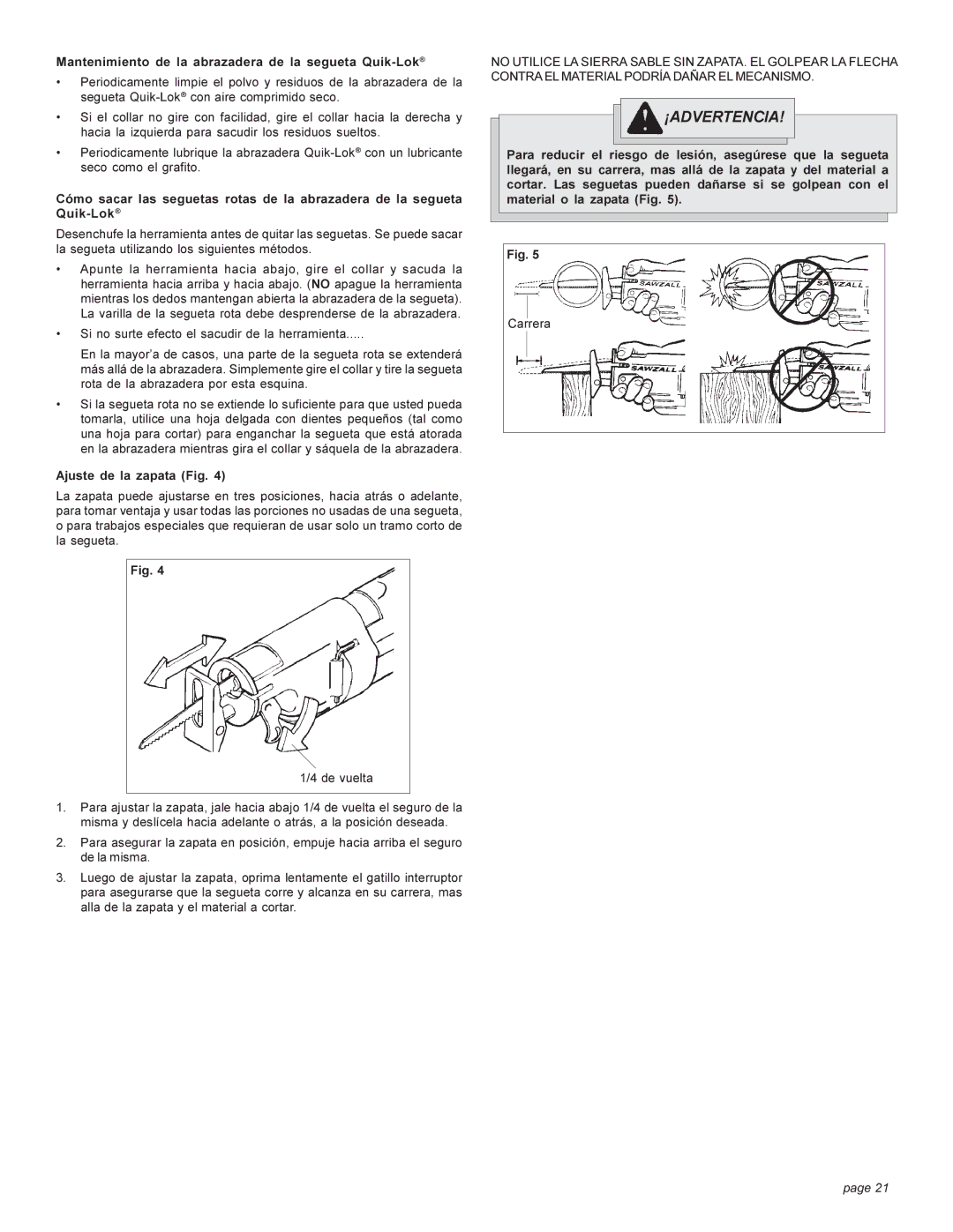 Milwaukee 6537-22 manual Mantenimiento de la abrazadera de la segueta Quik-Lok, Ajuste de la zapata Fig 