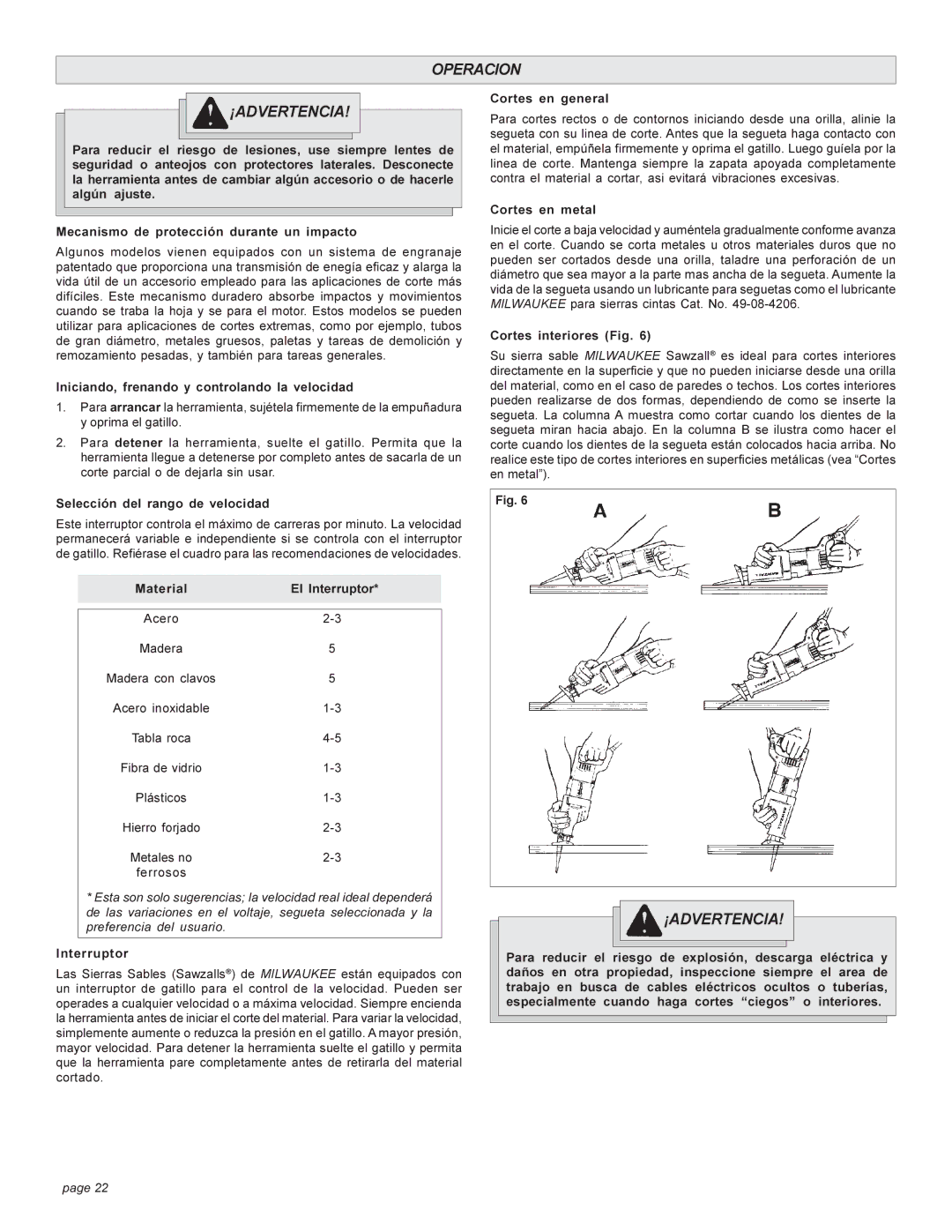 Milwaukee 6537-22 manual Operacion ¡ADVERTENCIA 