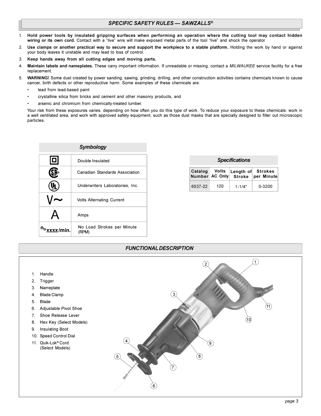 Milwaukee 6537-22 manual Specific Safety Rules Sawzalls, Functionaldescription 