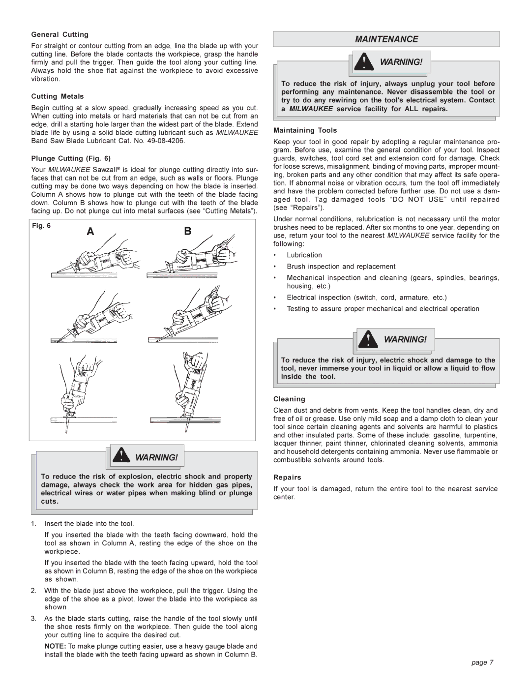 Milwaukee 6537-22 manual Maintenance, General Cutting, Cutting Metals, Plunge Cutting Fig, Repairs 