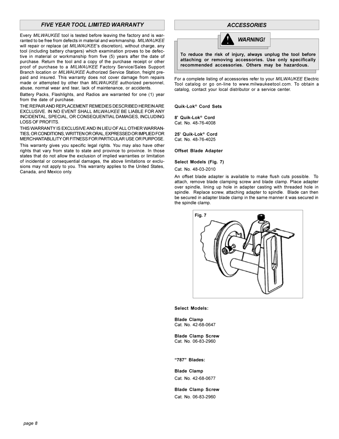 Milwaukee 6537-22 manual Five Year Tool Limited Warranty, Accessories 