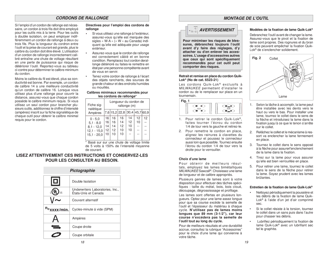 Milwaukee 6538-21, 6520-21 manual Cordons DE Rallonge Montage DE Loutil, Pictographie 